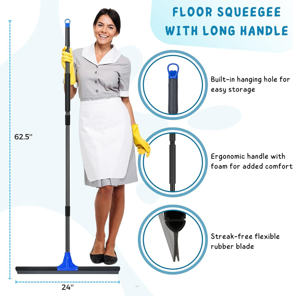 Floor Squeegee for Concrete and Tile Cleaning, 24'' Rubber Wiper Broom, Large Heavy Duty Water Scraper with 60'' Long Handle for Garage, Deck, Bathroom, Shower Glass, Window