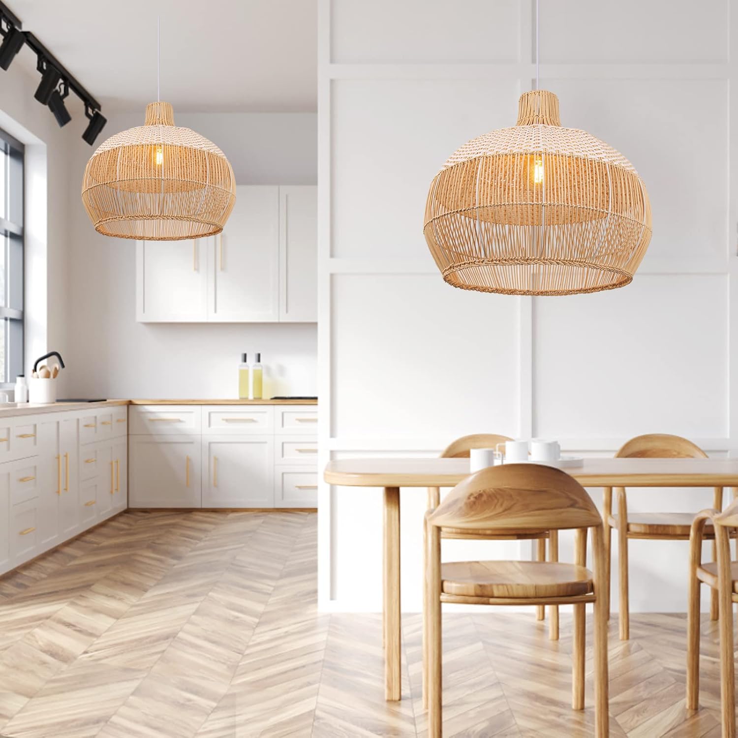 Arturesthome 1 Light White Rattan Pendant Light for Kitchen Island Sink,19.6" Wicker Chandelier, Handmade Woven Hanging Ceiling Light Lampshade