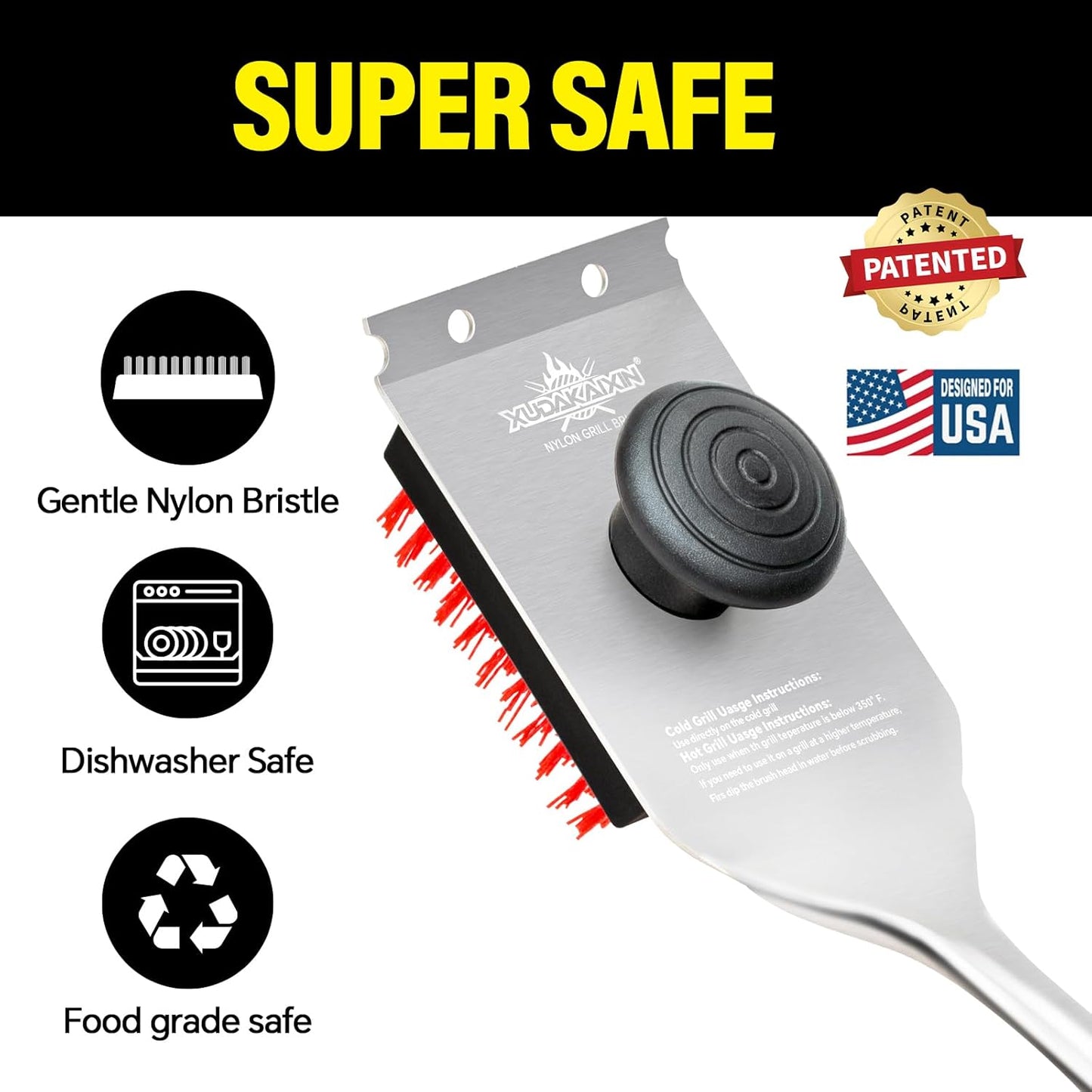 Grill Brush and Scraper, Dual Grip Design,Extra Strong BBQ Cleaner Accessories,Safe Nylon Bristles Barbecue Triple Scrubbers Cleaning Brush for Cast Iron Grates/Porcelain/Charcoal Grill