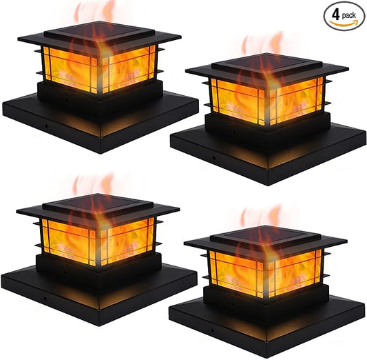 Dynaming 4 Pack Solar Flame Post Lights Outdoor, Solar Powered Fence Post Cap Lights, High Brightness Flickering Flame SMD LED Lighting Decor for Garden Deck Patio, 4x4, 5x5 or 6x6 Vinyl/Wooden Posts