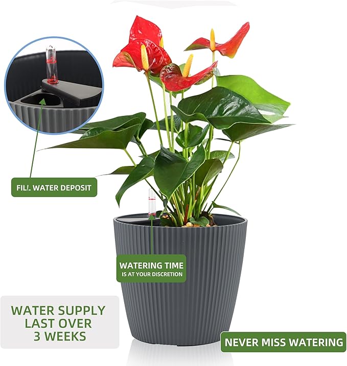 Dexceder 13x12 Self Watering Planters Indoor, Inner Mat Design, Floor Standing Flower Plant Pot with Water Level Indicator (2 Pack, Gray)