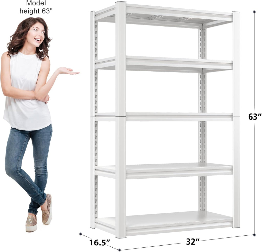 Raybee Garage Shelving Heavy Duty 2000LBS Storage Shelves Heavy Duty Shelving 5 Tier White Metal Shelves Pantry Shelf for Kitchen Closet Basement Warehouse 16.5" D x 32" W x 63" H