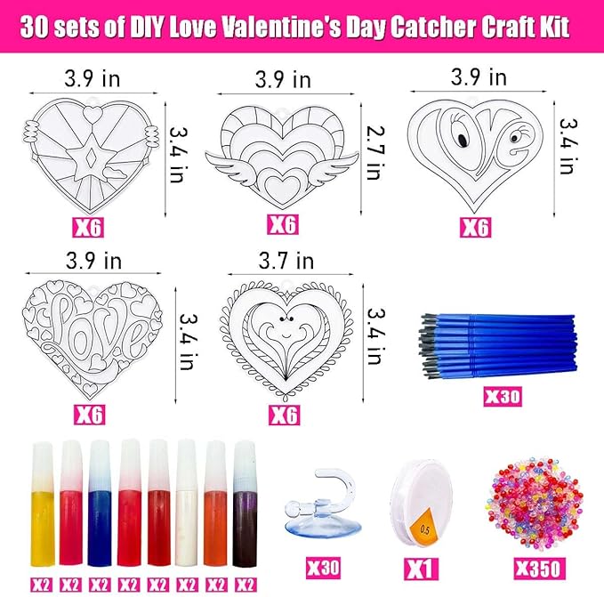 AUEKIV 30 Sets Valentine's Heart Suncatchers Craft DIY Kit Window Paint Art Suncatchers Valentine's Day Heart Sun Catcher Art Crafts Supplies for Valentine Gift Exchange Classroom Activities