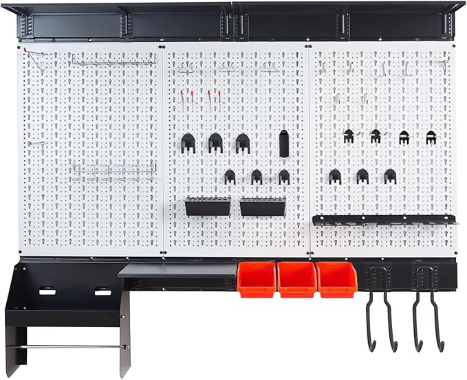 Ultrawall Peboard Storage Organizer, 48x36 inch Pegboard Wall Organizer, Metal Garage Peg Board with Toolboard, Utility Hooks, Overhead Shelf, 105pcs