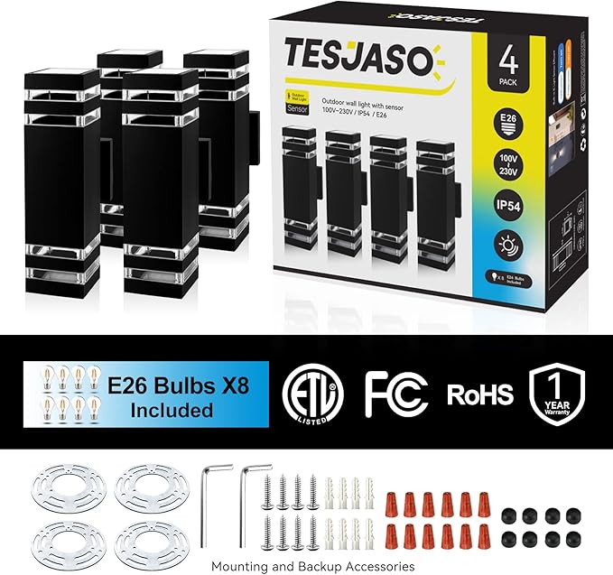 4 Pack LED Up Down Porch Wall Light, Modern Dusk to Dawn Outdoor Lighting, Aluminum IP65 Waterproof Exterior Light Fixture, Square Wall Light Sconce for Patio House