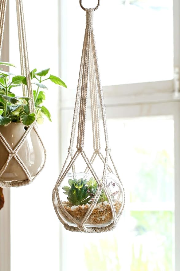 Dahey Macrame Plant Hanger Set of 3 with Hooks Indoor Hanging Planter Basket 35"/29"/23" Handmade Woven Cotton Rope Flower Pot Crochet Plant Holder Stand for Boho Home Decor No Tassels,Beige