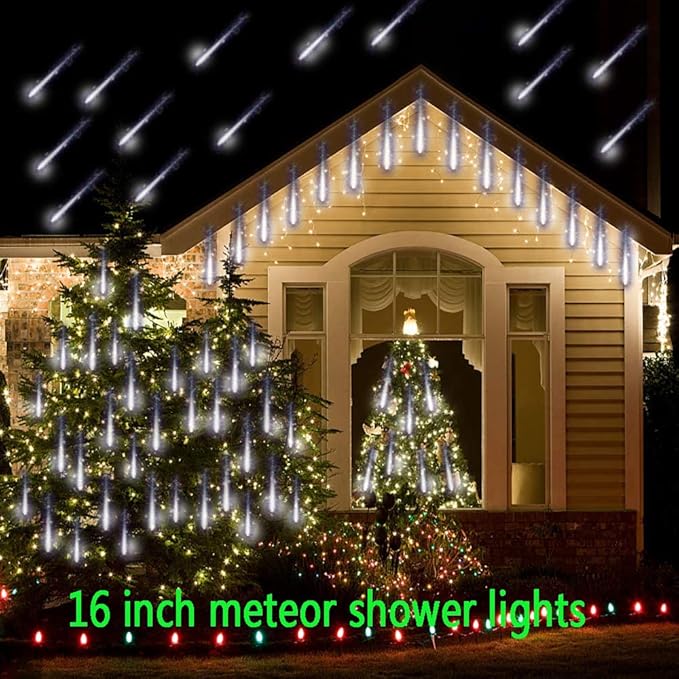 Aokudoni Christmas Lights Outdoor, Upgraded 16 inch /40cm Meteor Shower Lights 8 Tube Falling Rain Light Icicle String Lights for Xmas Tree New Year Party Wedding Decorations, UL Plug, White