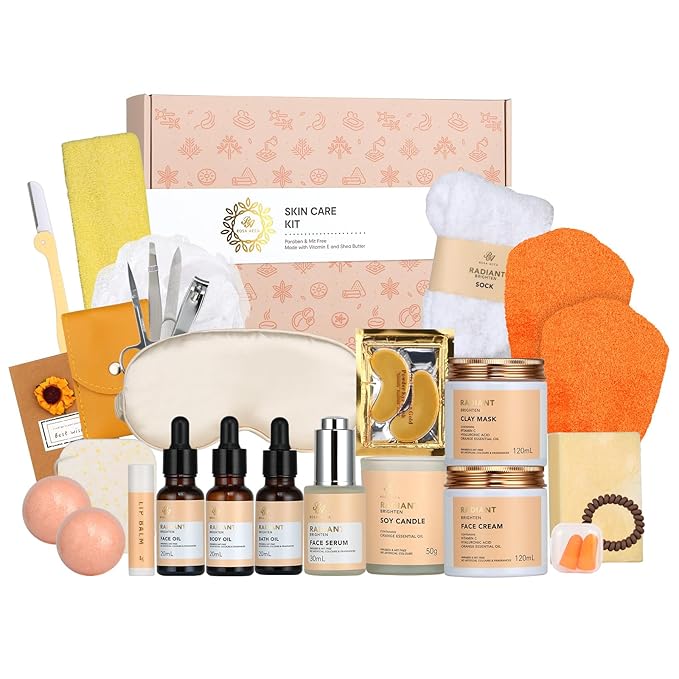 Skin Care Set for Women & Men, 28pcs Facial Kit at Home, Self Care Pamper Set, Birthday Gifts, Orange Spa Gift Baskets for Women, Serum, Face Cream, Bath Oil, Bath Bomb, Mothers Day, Christmas, Dad