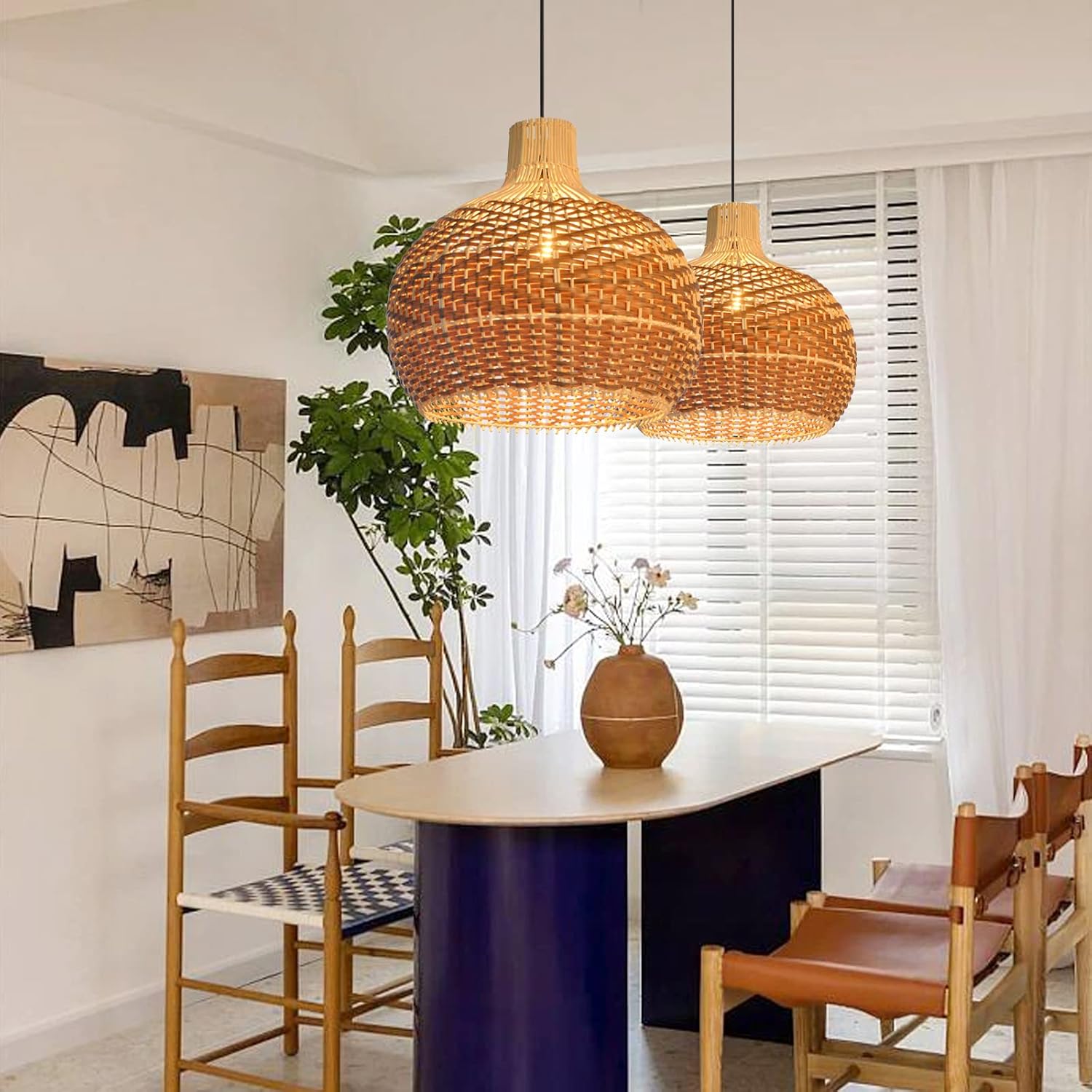 Arturesthome Rattan Pendant Lights, Wicker Chandelier Boho Basket Lighting Fixture, Natural Woven Hanging Lamp for Kitchen Island Sink Coffee