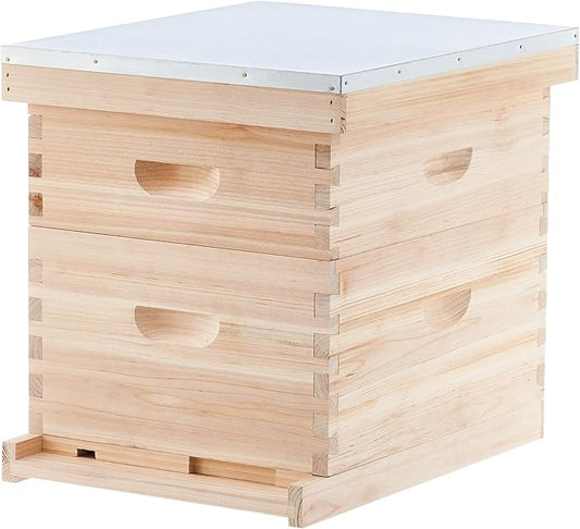 CREWORKS Bee Hive Boxes 10 Frame Langstroth Beehive, Bee Keeping Starter Kit Includes 1 Super Bee Box & 1 Bee Brood Box with Beehive Frames and Foundation, 2 Layers Complete Bee Hive Kit