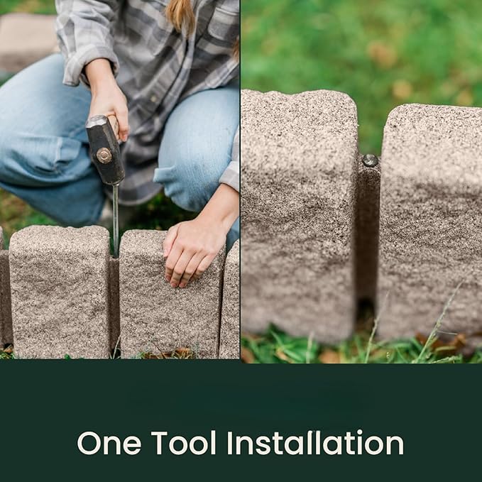 Beuta Landscape Edging | Garden Edging Border | Faux Stone Block XL for Lawn Edging, Flower Beds & Yard Edging – 4 Pack | Each Section Has 6 Blocks 48" L x 4" W x 9.5" H | 12 Spikes | Cobblestone