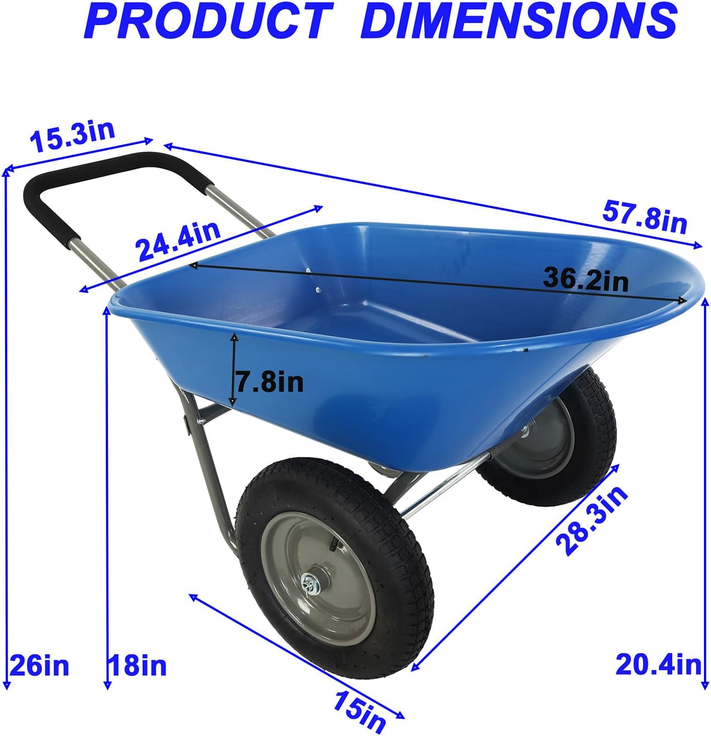 Dual Wheel Wheelbarrow, Heavy Duty Garden Cart, 300 lbs Capacity Utility Cart with Two 15 inches Pneumatic Tires for Outdoor Lawn Yard Farm Ranch (Blue)