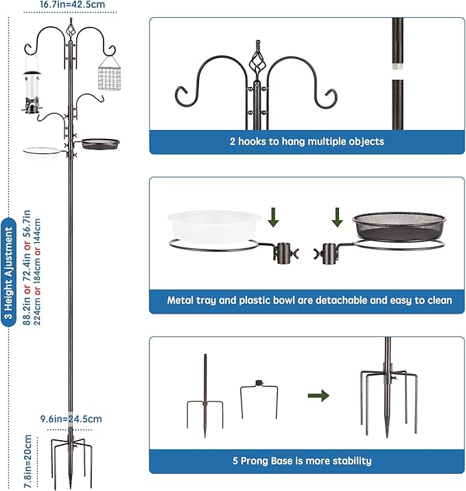 Deluxe Bird Feeding Station Kit With Multi Feeder Hanging Pole, Metal Suet Feeder, Bird Bath, Mesh Tray for Attracting Wild Birds and Planter Hanger (1 Pack)