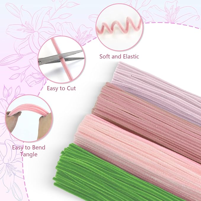 400 Pcs Pipe Cleaners Craft,4 Assorted Colors Pipe Cleaners Bulk, Chenille Stems for DIY Flower Making Kit with Floral Wires, Gardening Tape,Stamen& Ribbon (Pink)