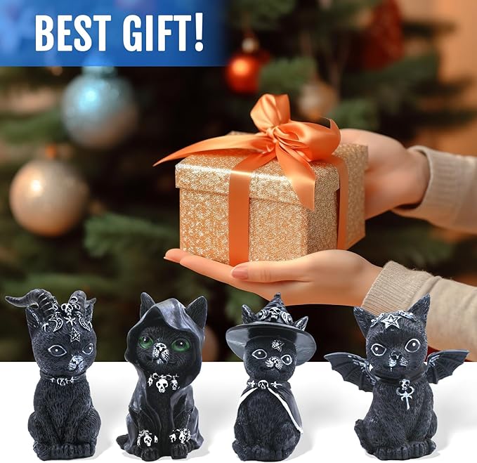 4PCS Set Cats Garden Decor Cat Gnome Statues for Outdoor Halloween Cat Figurine Cat Lover Idea Cute Cat homedecor Waterproof Figurines Lawn Ornaments