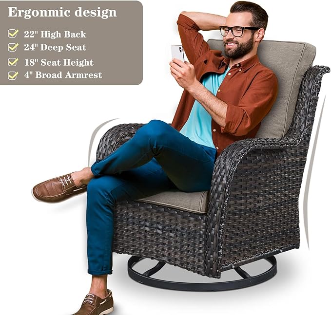 5 Piece Outdoor Patio Furniture Set - Outdoor Conversation Couch and Loveseat Glider Chair Furniture Set with Rattan Coffee Table for Deck Balcony Poolside Brown Wicker/Grey Cushions