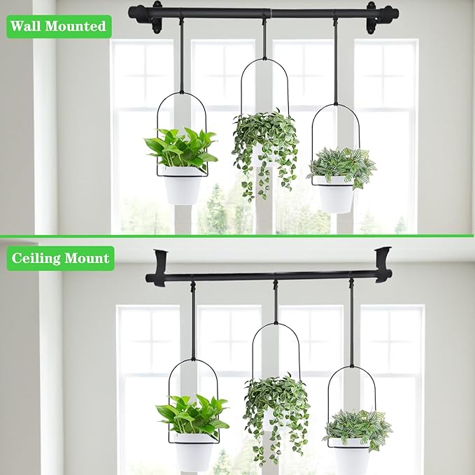 DOUBFIVSY Hanging Planters for Indoor Plants Plant Hanger, Adjustable Hanging Window Planter Hanging Wall Planter for Garden, 25in Plant Shelves Metal Holder Rod with Pots (Black)