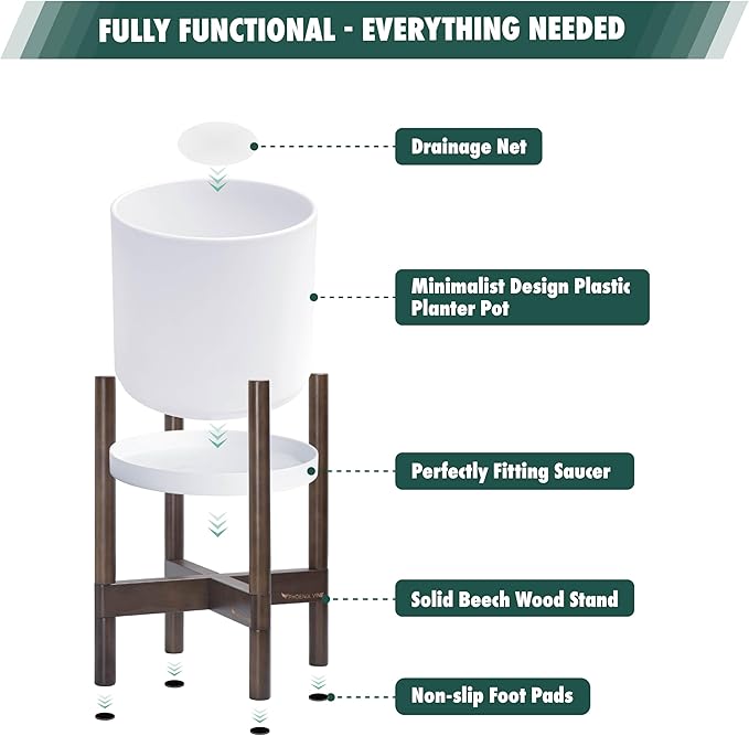 D'vine Dev Planter Pot with Stand - 8 Inch Plastic Cylinder Flower Pot with Wood Planter Holder for Indoor, Matte White Pot + Walnut Color Stand, 55-C-I-1