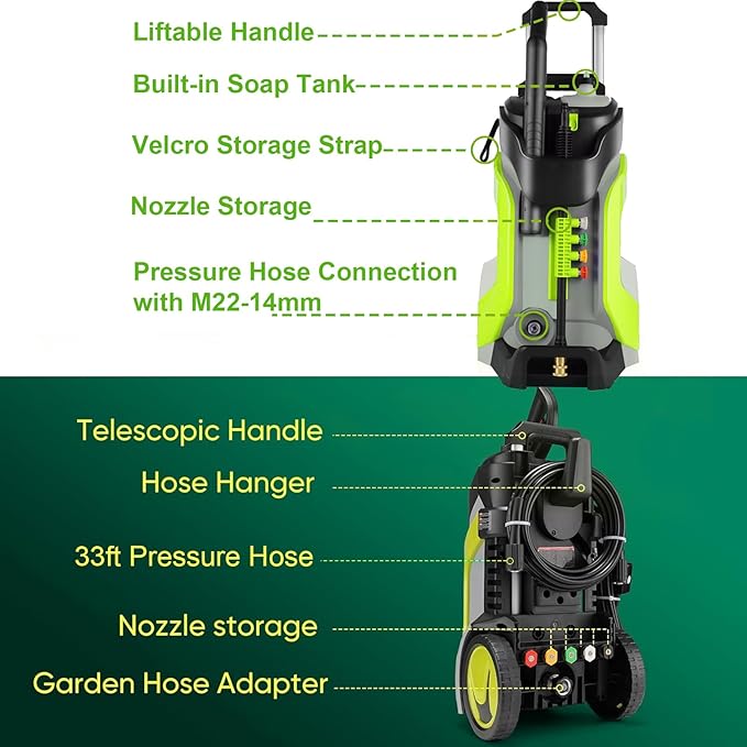 Electric Pressure Washer 5000PSI 4.0GPM Power Washers with M22-14mm Pressure Hose 33FT, Power Sprayers High Pressure with 1/4" QC Compatible Surface Cleaner for Home Cars Driveways, LGreen