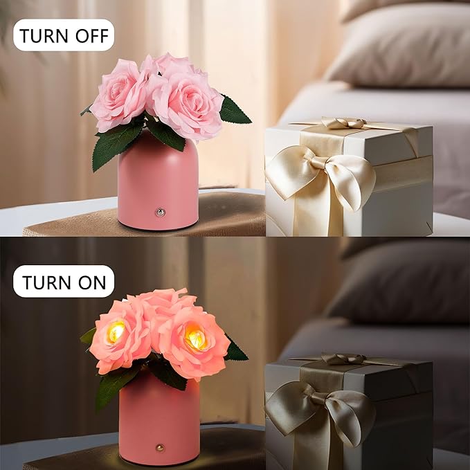 Pink Rose Lamp, Christmas Birthday Valentines Day Gifts for Women Wife Mom Girlfriend Daughter, Rechargeable Cordless Touch Table Lamp, Bedroom Bar Coffee Shop Decor Night Light