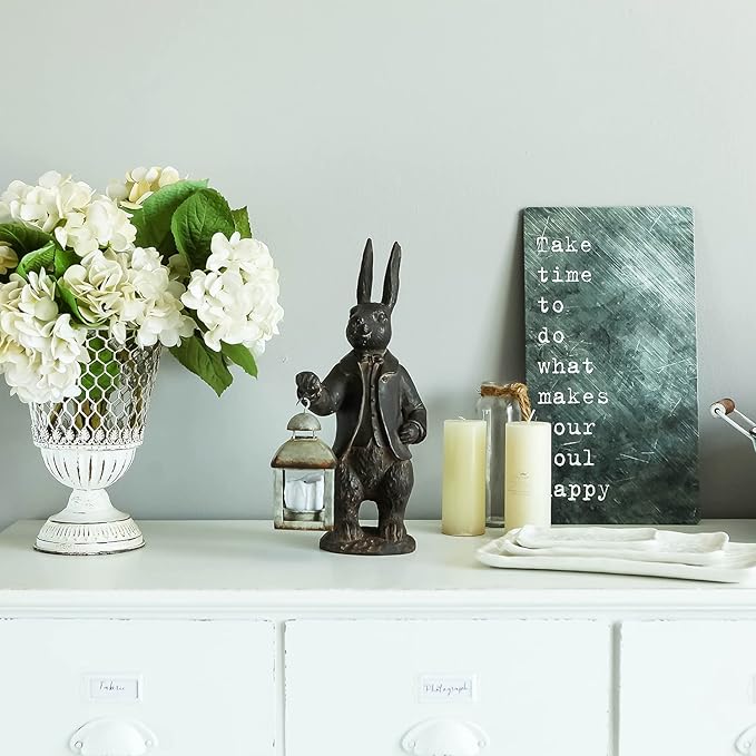 NIKKY HOME Easter Bunny Decorations, Vintage Resin Bunny Figurine with Lantern, Metal Rabbit Tealight Candle Lantern Holder Rabbit Outdoor Statues Gift for Garden Home