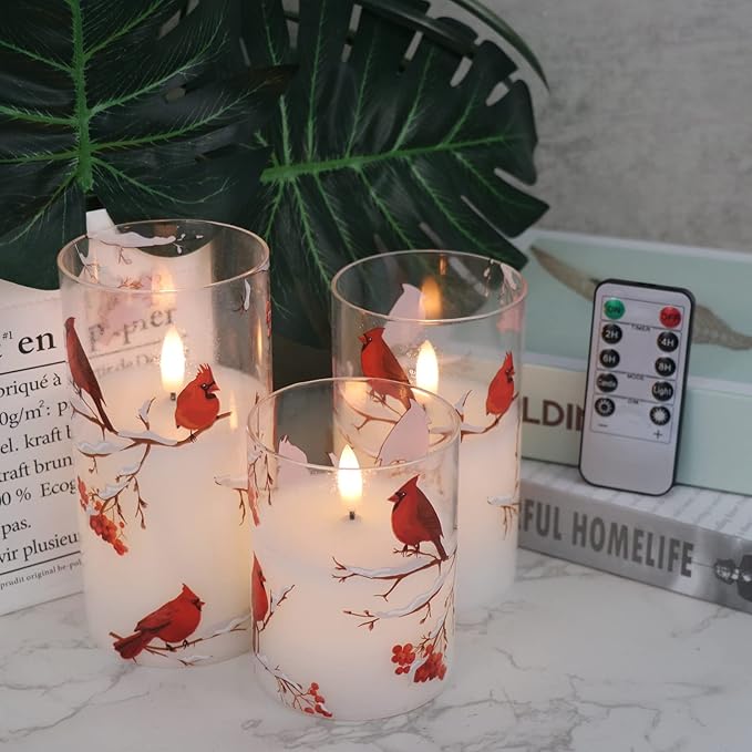 Red Bird Glass Battery Operated LED Flameless Candles with Remote Timer, Real Wax LED Candles Warm Color Flickering Light for Festival Wedding Home Party Decor(Pack of 3, 3”x4”5”6”)