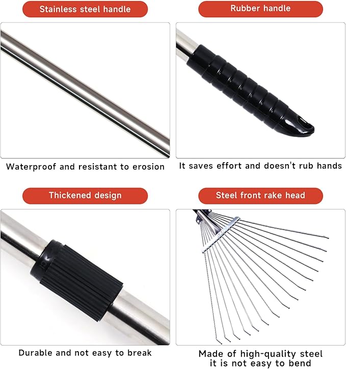 Adjustable Garden Metal Rake -32 to 63 Inch ,Hand Weed Collapsible Camping Landscape Dethatcher Rake for Leaves Shrub Yard Lawns,Leveling Yard Tool,Black