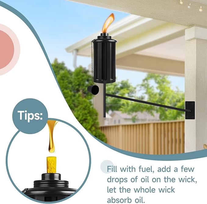 6 PCs Wall Mounted Citronella Torches for Outside, Metal 16 oz Garden Torches, Outdoor Garden Decorative, Easy Refillable Metal Torch for Patio, Deck, Garden, Yard, Black,