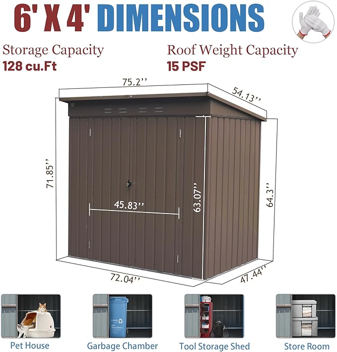 Domi Outdoor Storage Shed 6' x 4.5’, Metal Garden Shed with Galvanized Steel Frame for Bike, Tools, Lawn Mowers, Pool Toys, Outdoor Storage Cabinet with Lockable Door for Garden Lawn Patio (Brown)