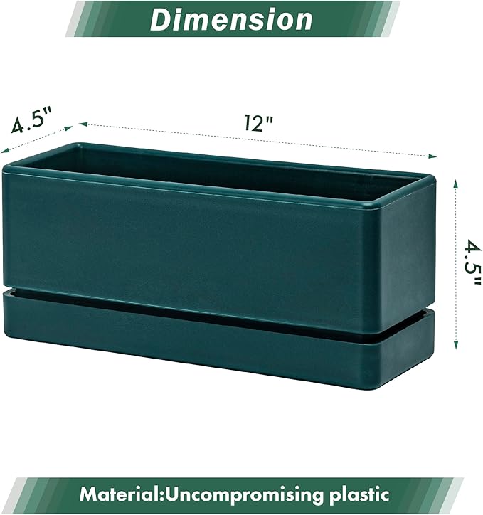 D'vine Dev 12 Inch Window Box Planter, Rectangle Plastic Herb Planter with Drainage Holes and Saucer, Indoor Succulent Cactus Vegetable Pot for Windowsill, Garden Balcony, Green, Set of 1, 76-X-C-1