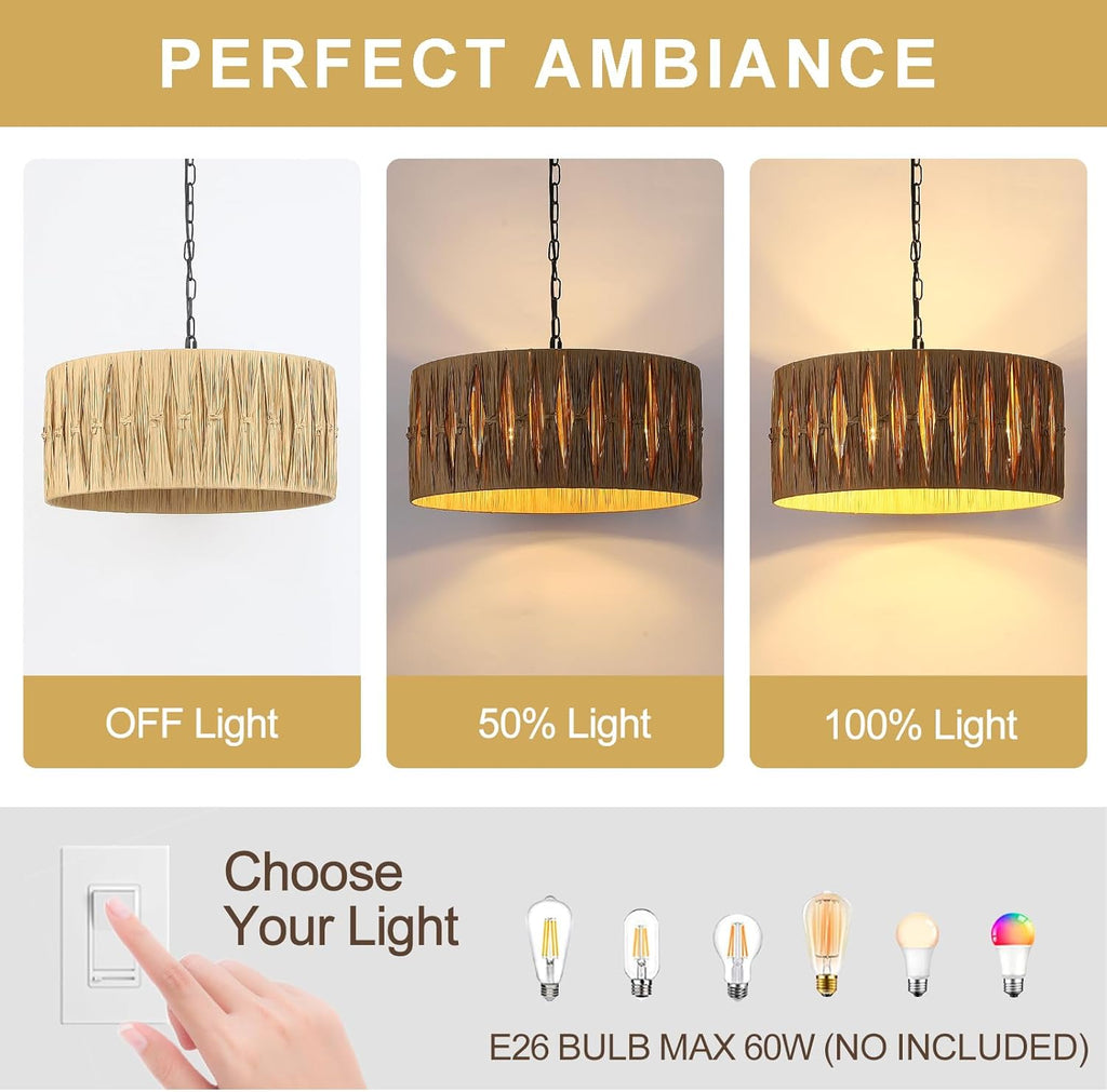 5-Light Boho Chandelier Light Fixture, 18.5" Large Raffia Drum Chandelier Hand Woven Coastal Pendant Light for Dining Room Kitchen Entryway Foyer Bedroom