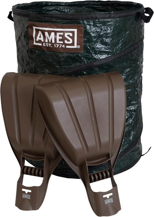 AMES Leaf Scoops Hand Rake Set with Collapsible Pop-Up Garden Waste Bag for Collecting Leaves, Mulch and Debris