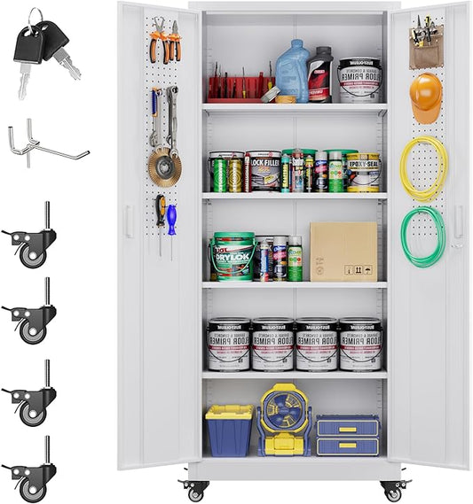 73" H Metal Garage Storage Cabinet with Wheels & Pegboard,Rolling Tool Cabinet with 2 Doors and 4 Shelves for Garage,Home,Office,Warehouse,Workshop, Required-Assembly,White
