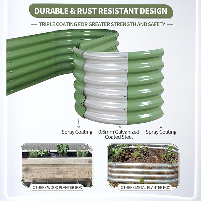 Galvanized Raised Garden Bed - 8x2x1.4FT Metal Planter Boxes Outdoor | Oval Steel Raised Bed Kit for Gardening with Protective Tape, Bracing Rods, Gloves for Vegetables, Flower, Herb (Green)