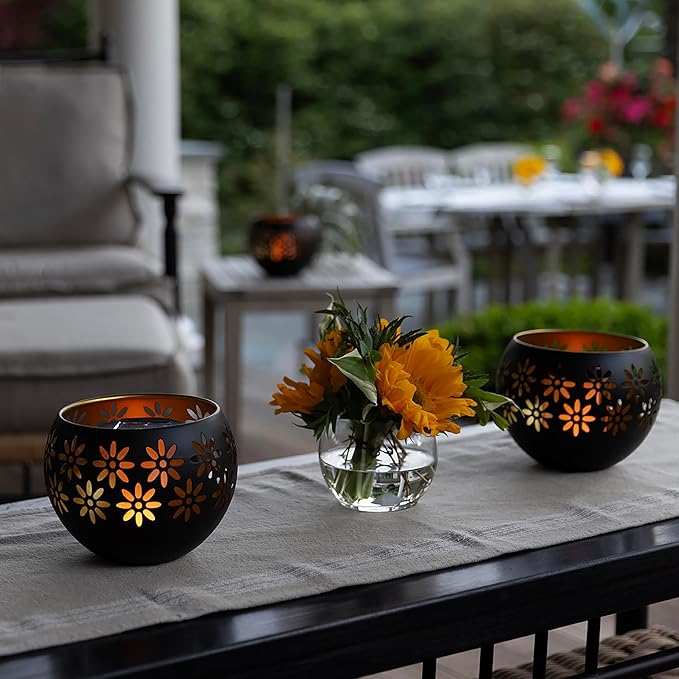 5.4” 4-Pack Decorative Metal Solar Patio Light with Flickering Flame, Waterproof Dusk-to-Dawn Garden Lantern, Matte Black