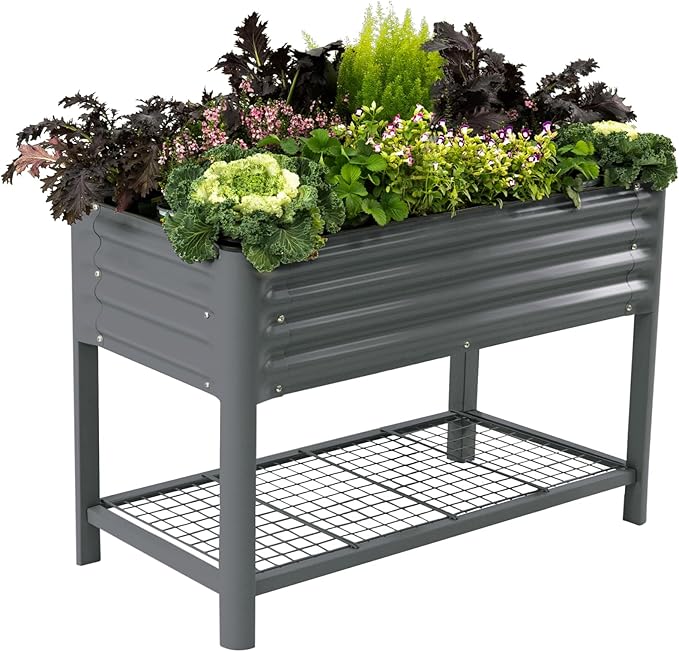 Elevated Raised Garden Bed-V Series, 2' x 4' Garden Beds with Legs & Storage Rack for Patio Porch, 700 Lbs Weight Capacity, Outdoor Planter Boxes for Gardening Herbs Vegetables Flowers, Modern Gray