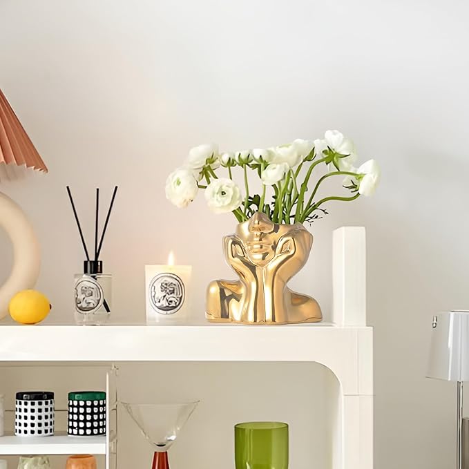 Gold Ceramic Human Face Decorative Vase - Shy Posture Modern Art Desktop Display for Bookshelf, Living Room, Office, Bedroom