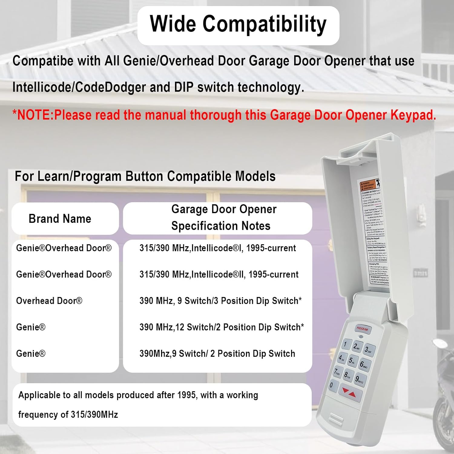 for Genie Garage Door Opener Keypad Compatible with All Genie Intellicode Overhead Door Codedodger and Dip Switch Garage Door Opener Wireless Keypad Keyless Entry Replace for 1995-Current 315/390MHZ