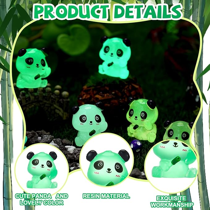 70Pcs Luminous Mini Resin Pandas, Tiny Resin Panda Figurines Miniature Resin Animals Figurines Glow in The Dark Mini Panda Figurines Bulk for Garden Landscape DIY Ornament Cake Topper Decor