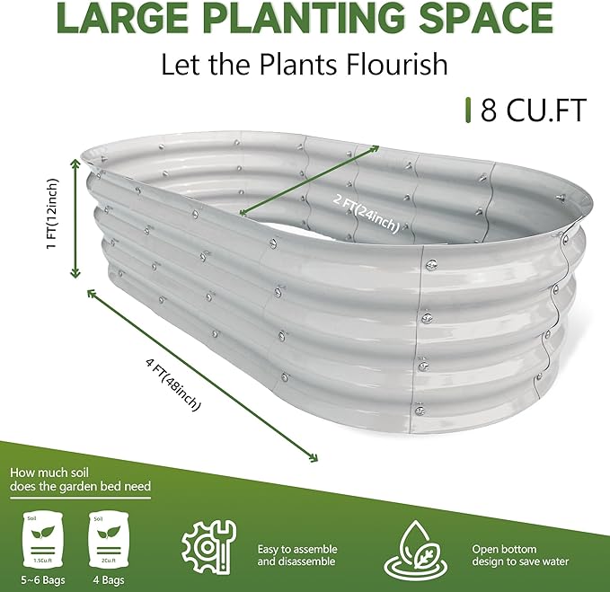 Galvanized Metal Raised Garden Bed 4x2x1ft Large Raised Planter 1Pack Outdoor Planter Box with Rubber Stripe and Safety Gloves for Vegetables, Fruits, Herbs, Flowers, Grey White
