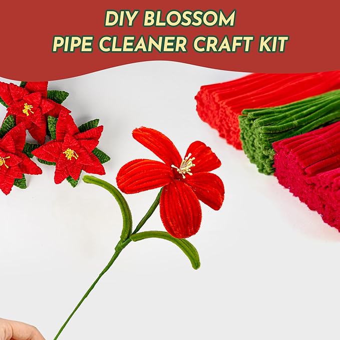 500Pcs Special Poinsettia Pipe Cleaners Craft Kit, All-in-One DIY Christmas Flower Making Supplies with Chenille Stems, Floral Wire, Floral Tape, Stamen, Ribbon for Holiday Decorations