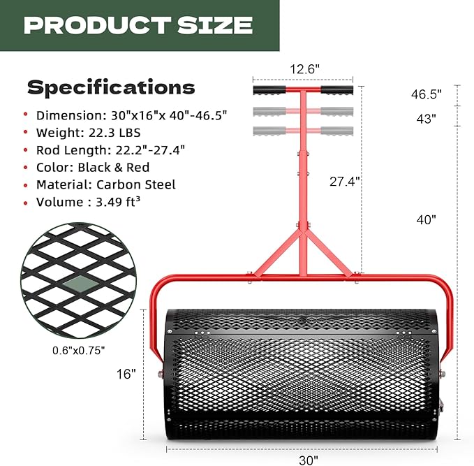 Compost Peat Moss Spreader for Lawn, 30 Inch Compost Roller Spreader with Adjustable T-Shaped Handle, Upgraded Side Clasps, Durable Lightweight Metal Roller, Lawn Garden Yard Care