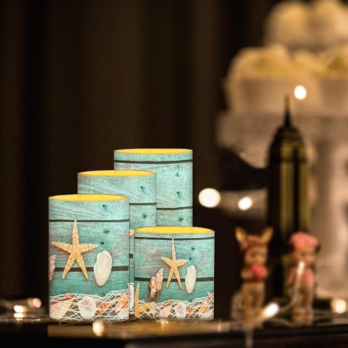 Flameless Light Candles Battery Operated Candles with Color Changing Timer Remote Control Fake Pillar Candle Tealights Home Indoor Beach Coastal Decoration, Starfish Shell Wood Grain