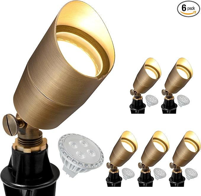 GKOLED 6 Pack Solid Brass Low Voltage Compact Spotlight, 12V AC/DC Waterproof Outdoor Landscape Spot Lights, Up Light with 5W 2700K MR16 Bulb for House Trees Garden Yard Lawn, Stake Included