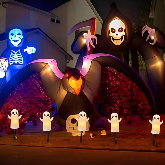 4 Pack Halloween Smiley Elves Pathway Lights, 7Ft Outdoor Halloween Decorations Lights with LED Smiling Ghost Yard Stakes Lights for Outdoor Garden Walkway Patio Backyard Halloween Party Decor