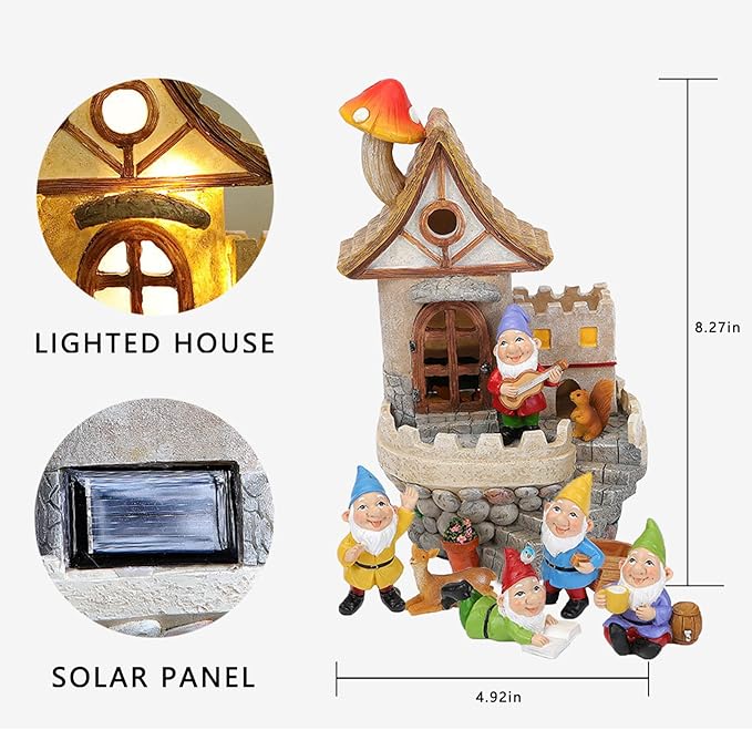 Fairy Tale Solar Castle Garden Decor Figurine Lights for Outside with Gnomes Set - Outdoor Statues Decorative Resin Sculpture with Solar Light, Decorations for Yard, Patio, Porch, or Lawn