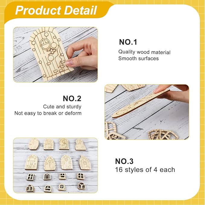 64 Pcs Fairy Door Mini Wooden Garden Doors Unfinished DIY Craft Fairy House Kit Unpainted Wood Miniature Door Blank Fairy House Doors and Windows for Home Office Wedding Party Decoration Accessories