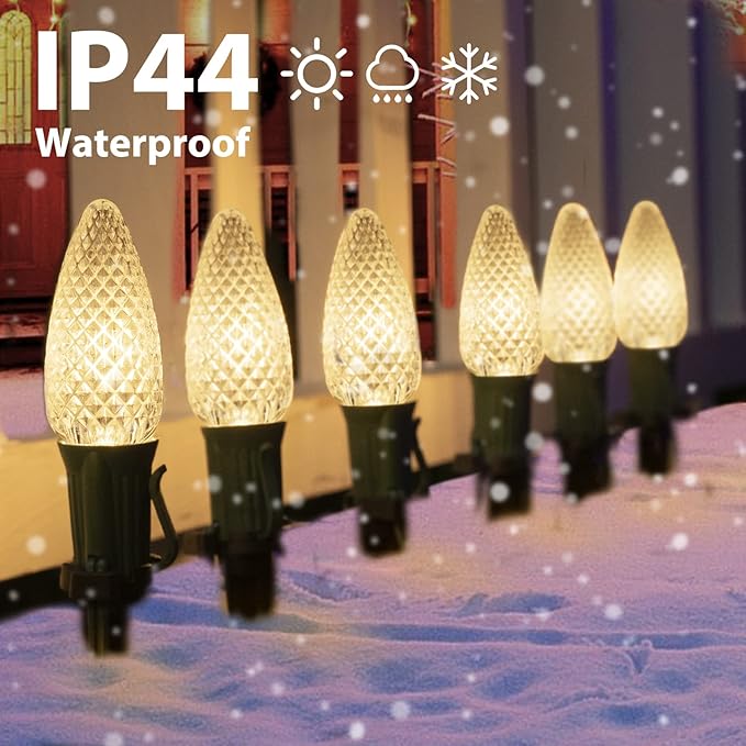 C9 Christmas Pathway Lights Outdoor, 25.7 Feet 20 LED C9 Strawberry Walkway Lights with Marker Stakes, Connectable Shatterproof C9 String Lights for Lane Outside Yard Decorations, Warm White, 4 Pack