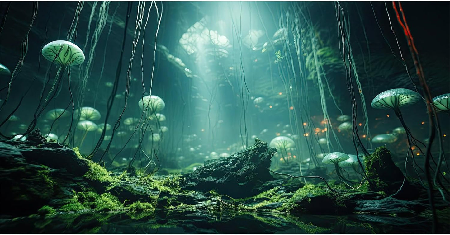 Aquarium Background Foggy Stone Mushroom Green Moss Fish Tank Background Mysterious Green Seaweed Scenery Aquarium Backgrounds White Mushroom Reptile Tank Enclosure Backgrounds Wallpaper 72x18in