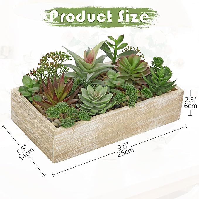 Artificial Succulent Plants in Pot 10 Inch Fake Succulent Arrangement Potted Succulents Plants Centerpiece in Rectangular Wooden Planter for Home Office Desk Shelf Living Room Bedroom Farmhouse Decor